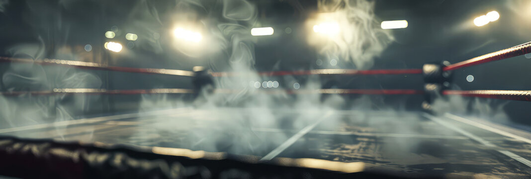 Close up of ropes, boxing ring, arena, octagon. Dramatic lighting, spotlights, steam effect. Mock up of professional sport event. Generative ai	
