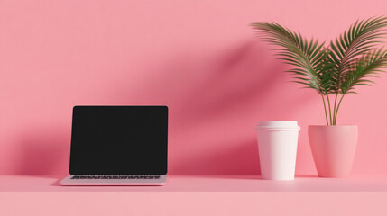 Fototapeta premium Efficient Minimalist Office Workspace with Laptop and Coffee Cup