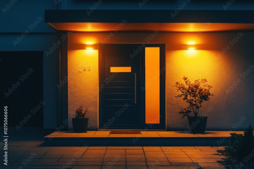Poster a contemporary home features glowing alarm system lights on windows and doors, enhancing security in