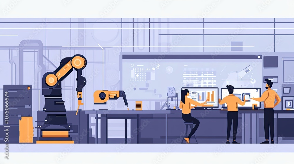 Poster three people working in a technology lab with a robotic arm