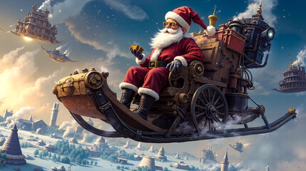 Naklejka premium A santa claus sitting on top of a sleigh in the sky