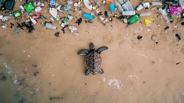 A turtle is laying on the beach next to a pile of trash