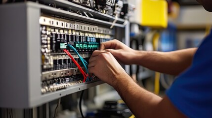 Technician Connecting Wires to Electrical Panel