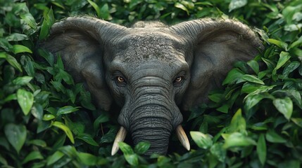 Fototapeta premium Angry and surprised elephant, Behind green grass