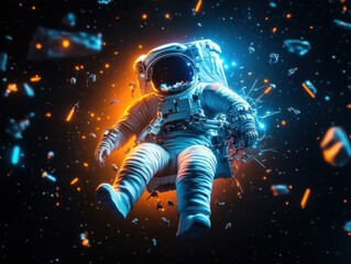 Fototapeta premium An astronaut floats in space amidst colorful cosmic debris.