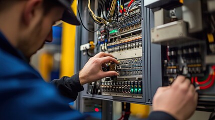 Electrician working on a complex electrical panel with multiple wires and components.