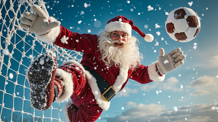 A man dressed as Santa Claus kicking a soccer ball into a goal