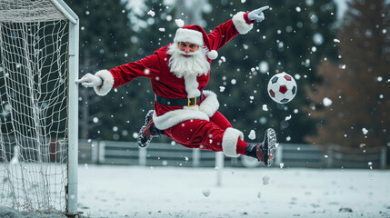 A man dressed as Santa Claus kicking a soccer ball in the snow