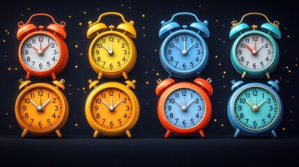 A collection of colorful alarm clocks arranged in two rows.