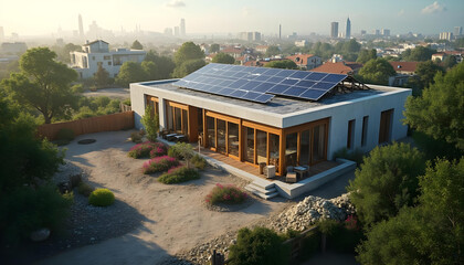 Obraz premium Modern house with solar panels surrounded by greenery and city skyline