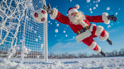 A man dressed as Santa Claus kicking a soccer ball into the goal