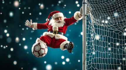 A santa claus is jumping in the air to catch a soccer ball