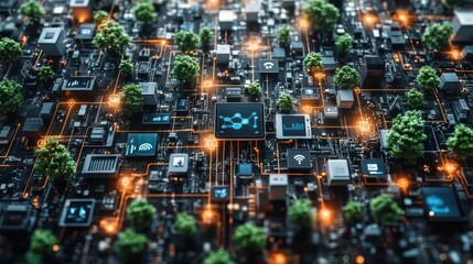 Obraz premium A digital landscape blending technology with nature elements.