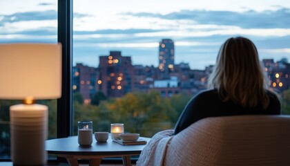 Fototapeta premium A woman is sitting in a chair in front of a window with a view of a city