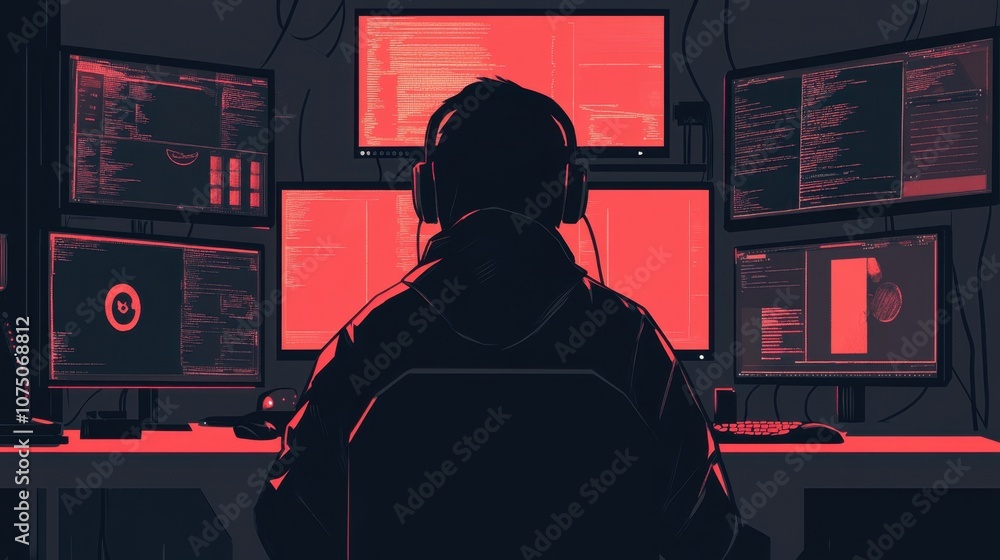 Poster digital security expert engaged in cybersecurity analysis surrounded by multiple monitors illuminate