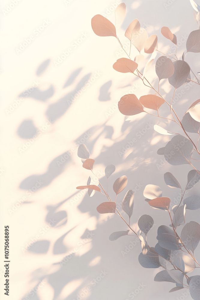 Poster leaves cast delicate shadows on a white wall, creating a beautiful and minimalist pattern. the sunli