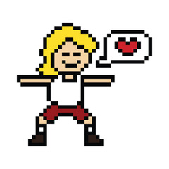 Obraz premium Cute cartoon pixel character cute man exercises training aerobic dance lifestyle music decoration life style 8 bit male boy dance with music game fitness isolated PNG vector.