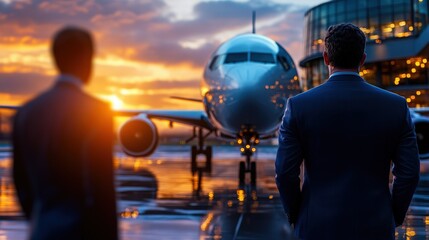 Two businessmen in suits watch a plane under a dramatic sunset sky, symbolizing progress, ambition, and travel, creating a cinematic airport scene.