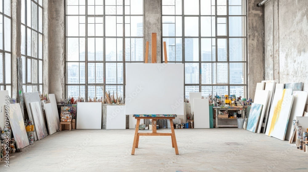 Aufkleber a spacious art studio with an empty canvas on an easel.