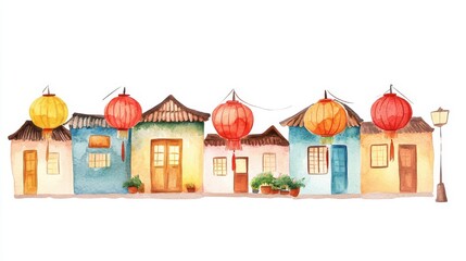 A charming watercolor illustration of colorful houses adorned with lanterns.