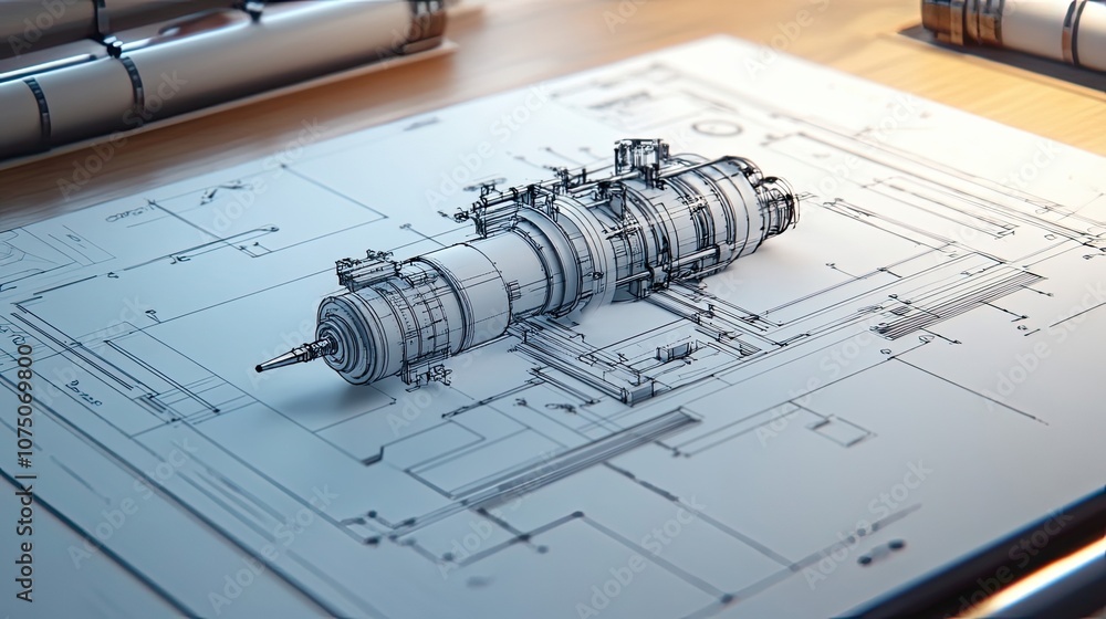 Poster a 3d model of a complex mechanical component on a blueprint