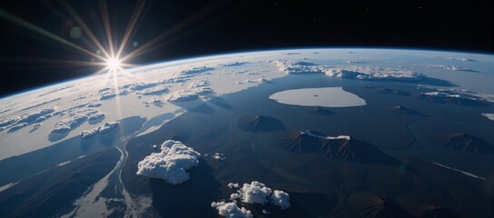 A Moon-view of Earth with stars  sunlight as backdrop
