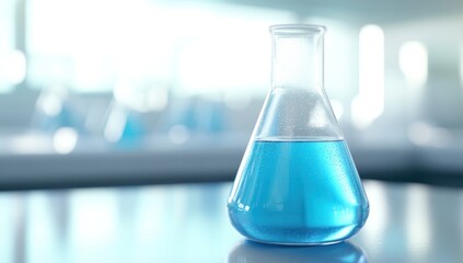A Single Erlenmeyer Flask with Blue Liquid on a White Table in a Laboratory Setting