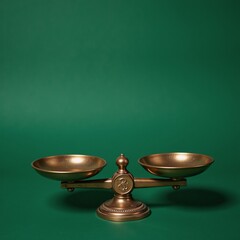 Bronze-toned scales embodying justice and balance against a deep green backdrop vintage style