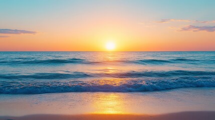 The ocean is calm and the sun is setting, creating a beautiful