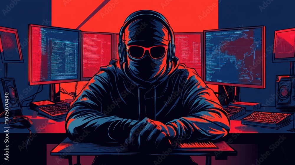 Poster mysterious individual in sunglasses surrounded by multiple computer screens in a dimly lit room, rep