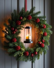 Wreath lantern with berries and evergreen casting cozy light in a dark room