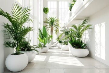 Fototapeta premium white room with a long hallway filled with potted palm plants. The plants are arranged in various sizes and shapes, creating a sense of depth and interest. The room is well-lit