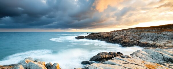 A tranquil coastal landscape showcasing waves against rocky shore.
