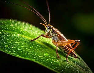 Cricket on a Green Leaf with Dew Drops