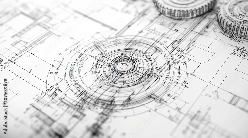 Poster close-up of a technical drawing with gears and circular patterns