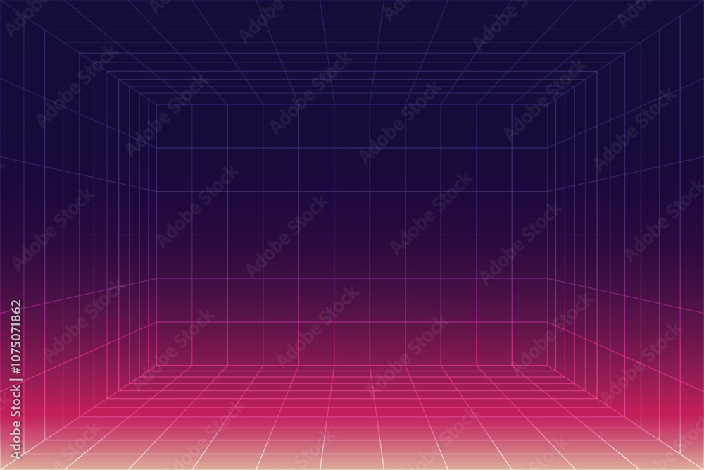 Poster abstract wireframe with pink grid line. futuristic perspective grid box. retro futurism sci-fi backg
