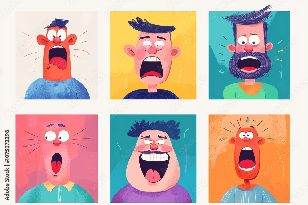 Poster expressions of surprise and joy from animated characters in a colorful illustration featuring variou