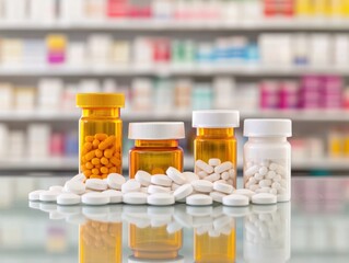 Assorted prescription bottles with medications on a pharmacy counter.