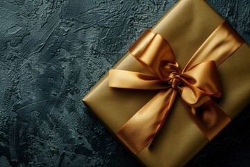 Golden satin ribbon gift box on dark surface, top view for holiday mood