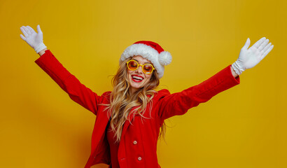 A woman in a red coat and a santa hat with her arms outstretched