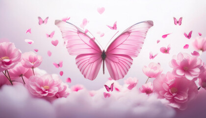 A sweet butterfly on a calming cloud and pink petals and heart shape background.
