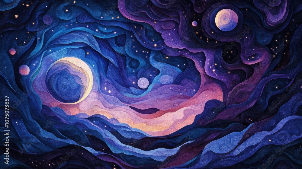 Poster abstract cosmic landscape with swirling colors and celestial bodies featuring a dreamlike universe i