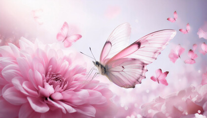 A sweet butterfly on a calming cloud and pink petals background.