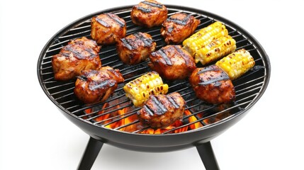 Juicy Grilled Chicken and Sweet Corn on a Charcoal Barbecue Grill, Perfect for Summer Gatherings and Outdoor Cookouts, Delicious Food Preparation and Enjoyment