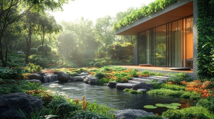 Obraz premium Serene garden with a modern house by a tranquil pond.