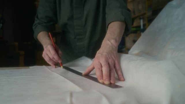 Closeup of hands of anonymous upholsterer measuring piece of upholstery wadding, making marks using ruler and pencil, renovating furniture in workshop, small business