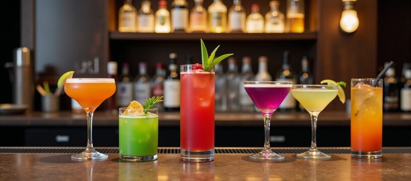 A stylishly set up cocktail bar featuring vibrant artisanal drinks in sophisticated glassware