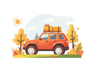 Fototapeta premium A SUV with luggage on the roof rack driving through an autumn landscape in a flat design illustration isolated on white background. 
