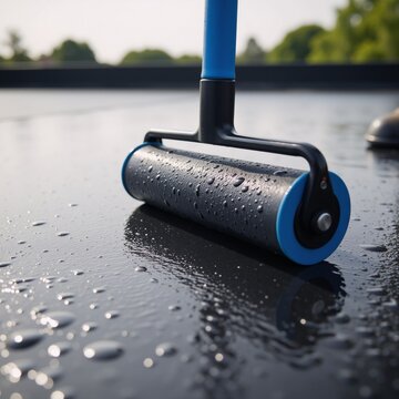 Close-up of flat roof surface detail waterproof membrane and roller brush with water droplets