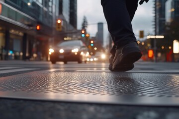 Urban Street Crossing at Dusk with City Lights and Traffic